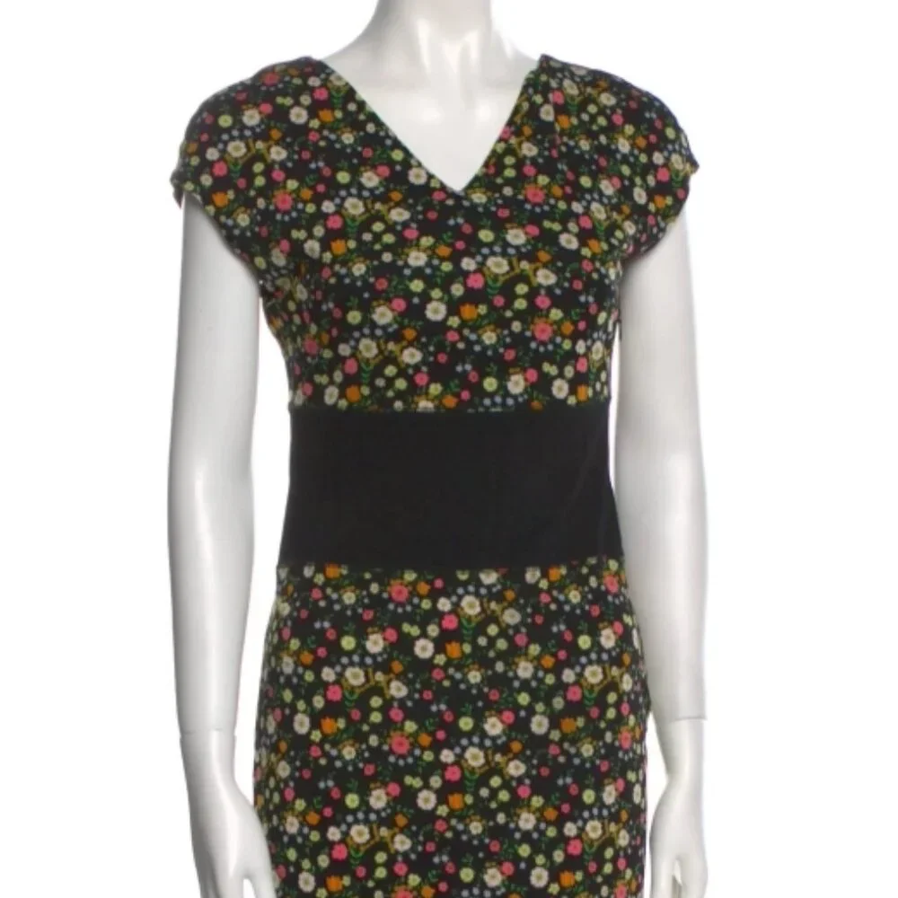 Tory Burch Sheath Dress Black Floral Short Sleeve with V-Neck S (Orig. $456)